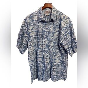 VINTAGE‎ Back East Button Up Shirt Mens XL Blue White Hawaiian Fish Pattern